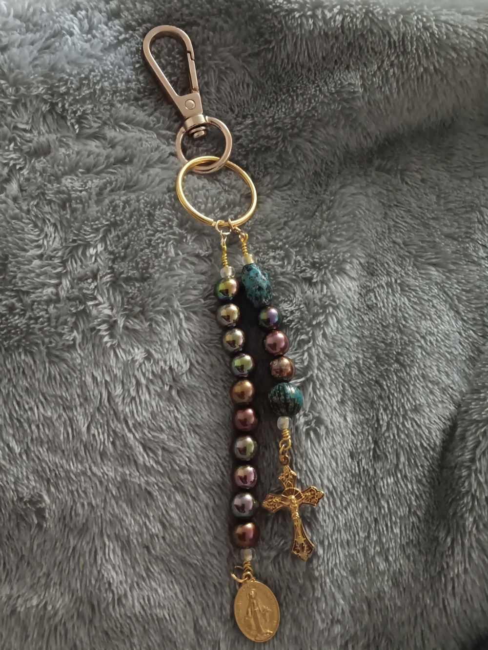 Gold Cross & Medal Beaded Keychain - Multi-Color